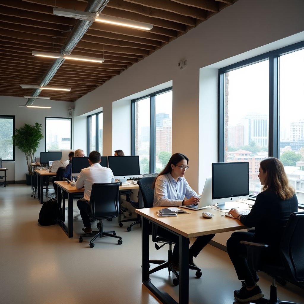 Oficinas modernas FinanciAR Buenos Aires equipo trabajando colaboración